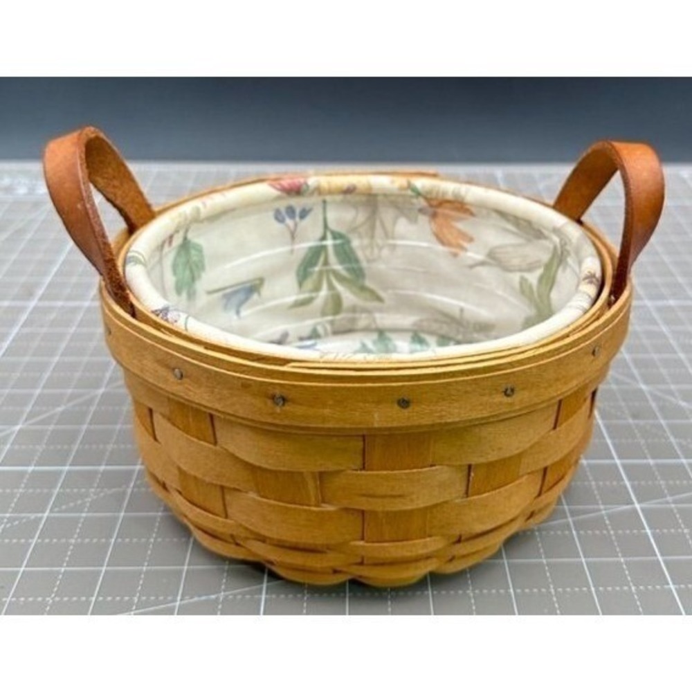 Vintage Longaberger Butterfly Round Basket Leather Handles Leaves Inserts